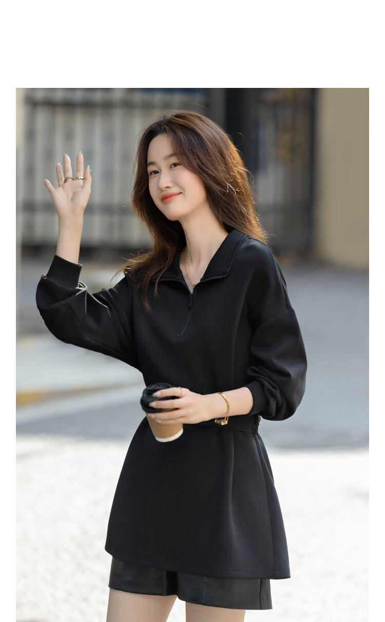 Demana [Comfort Elastic 280G Air Layer] Spring and Autumn Simple Stand Collar Loose Belted Petite Elegant Sweatshirt Top 1