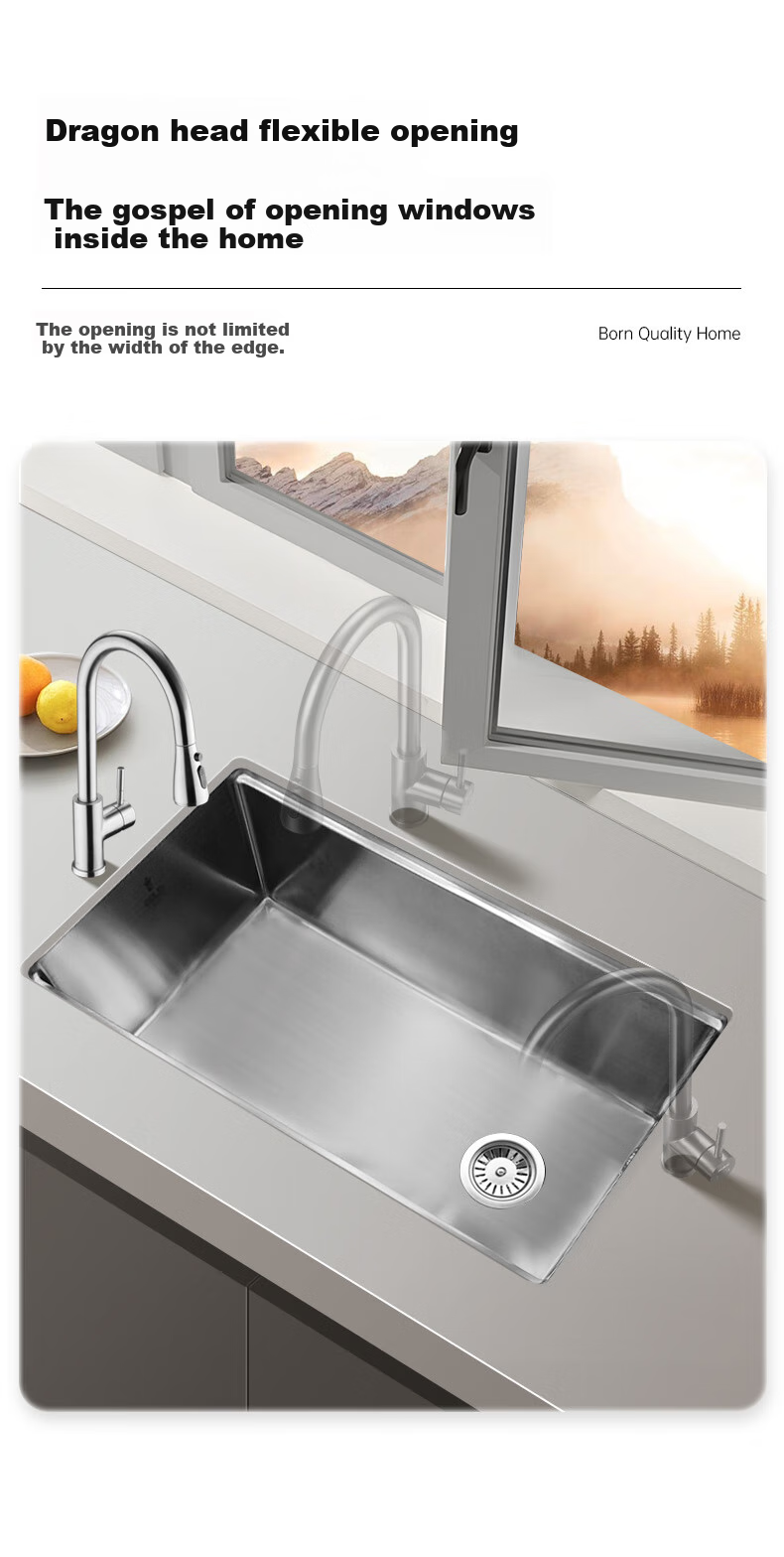 OULIN Kitchen Sink, Large Single Basin Vegetable Washing Sink, Integrated Basin, No Coating, SUS304 Stainless Steel Sink, Pull-Out Faucet, 661 3