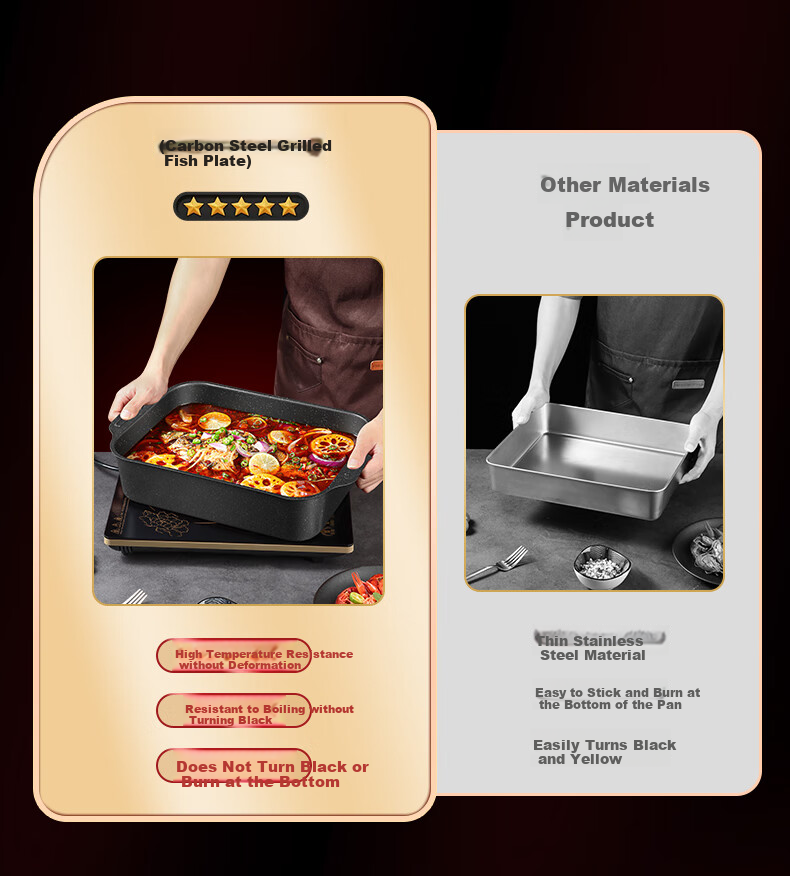 BJ Carbon Steel Grilled Fish Pan, Square Tray, Rectangular Grilled Fish Special Plate, Pot for Induction Cooker And Gas Stove, Non-Stick Grilling Pan for Home Use, 45cm 3