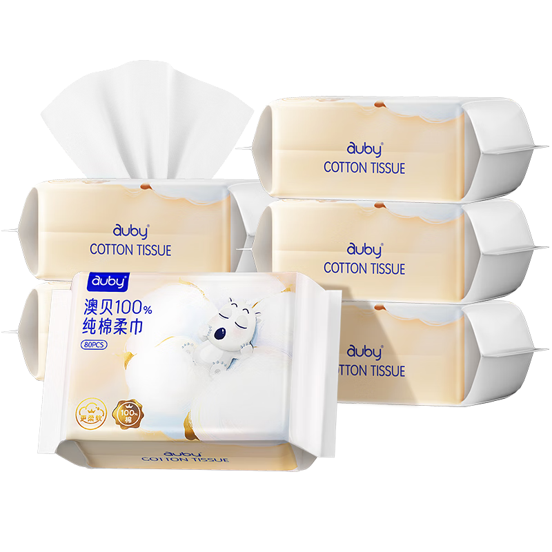 Auby Cotton Soft Wipes Baby 100% Pure Cotton Face Cleaning Towels Disposable Dry and Wet Dual-use 80 Sheets 6 Packs