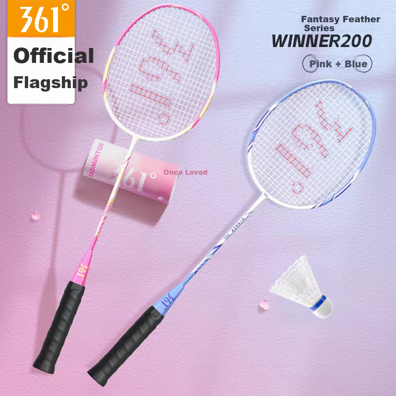 361° Hanyu Series WIN200 Badminton Racket, Carbon Fiber Integrated Couple's Rackets, Ultra-Light Badminton Racket, Advanced Set, Pink + Blue