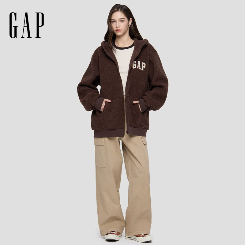 GAP Unisex 2025 Autumn New Logo Embroidered Loose Faux Sherpa Zip-Up Hoodie 786507