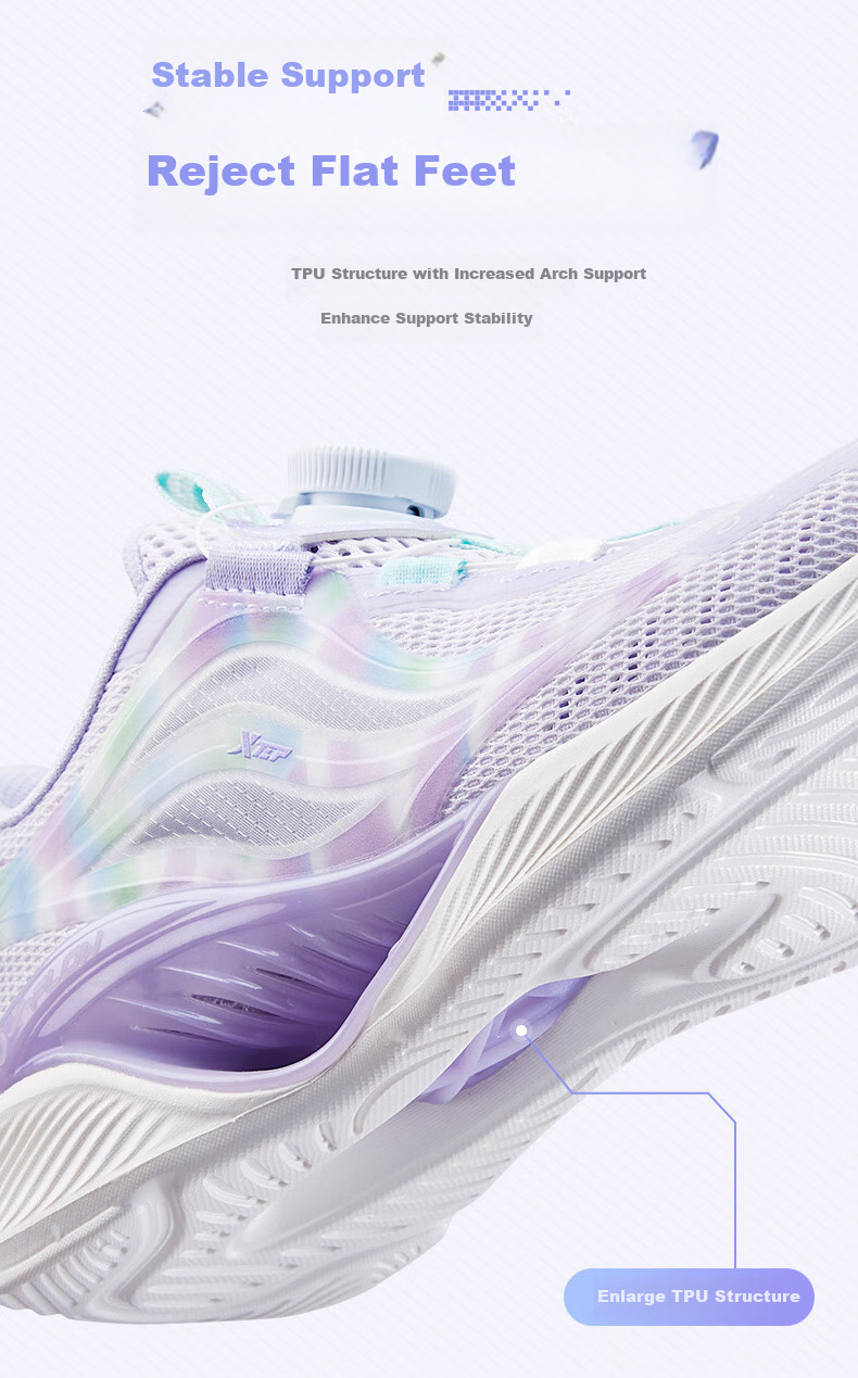 XTEP Children's Hydrogen Wind 5.0 Small Label Multi-Color Breathable Rotary Buckle Lightweight Running Shoes, Sail White/Light Purple, Size 40 9