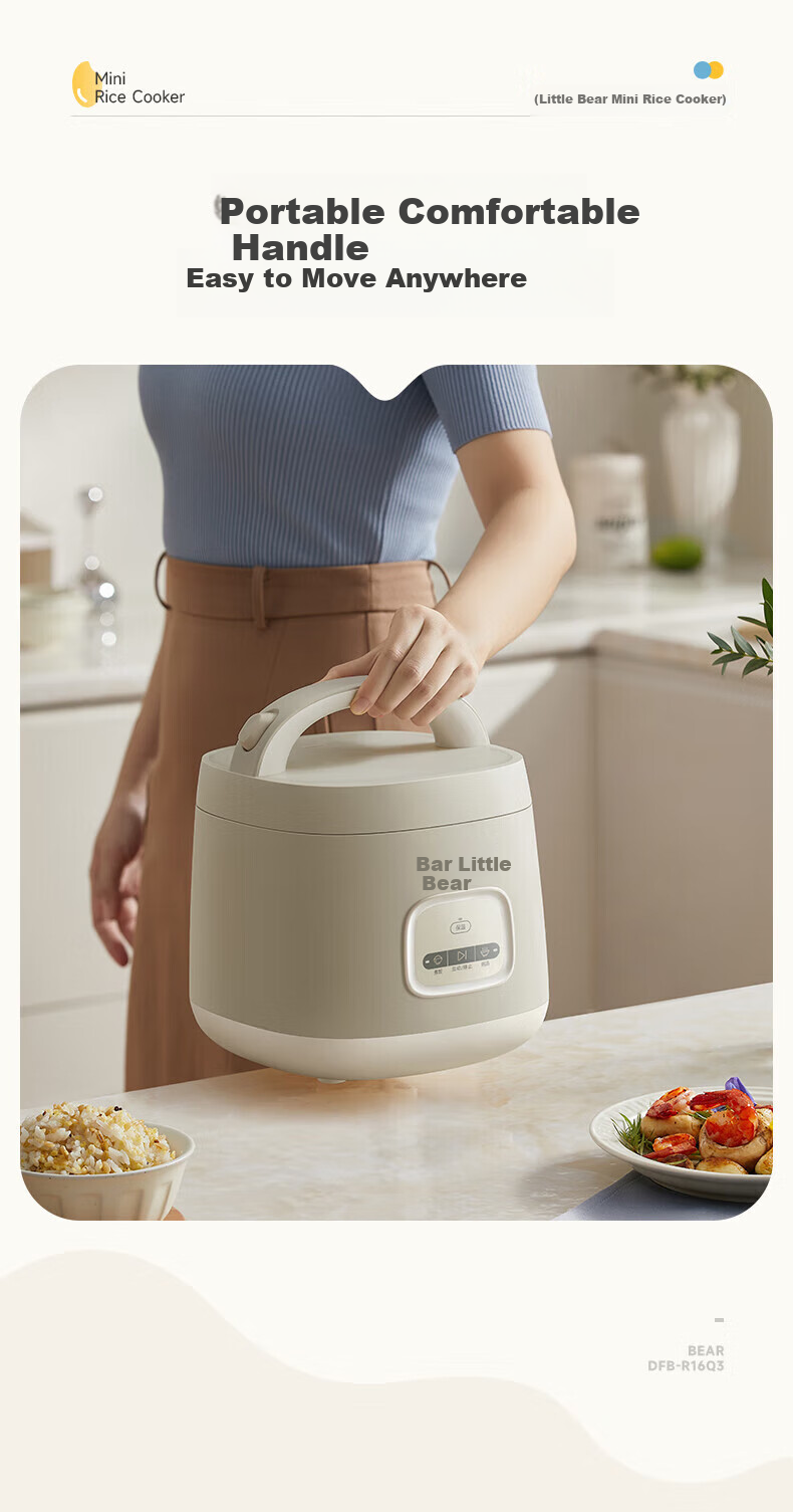 Bear Rice Cooker for 1-2 People, Mini Rice Cooker 1.6L, Home Small Multifunctional Smart Micro Pressure Cooking Pot, Porridge Cooker, Mini Soup Pot, Rice Cooker DFB-R16Q3 12