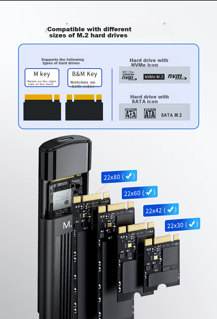 Netac M.2 NVMe/SATA Dual-Protocol External Hard Drive Enclosure, USB3.1 Interface, SSD External Case, Laptop M.2 Enclosure, WH61 CtoA 1