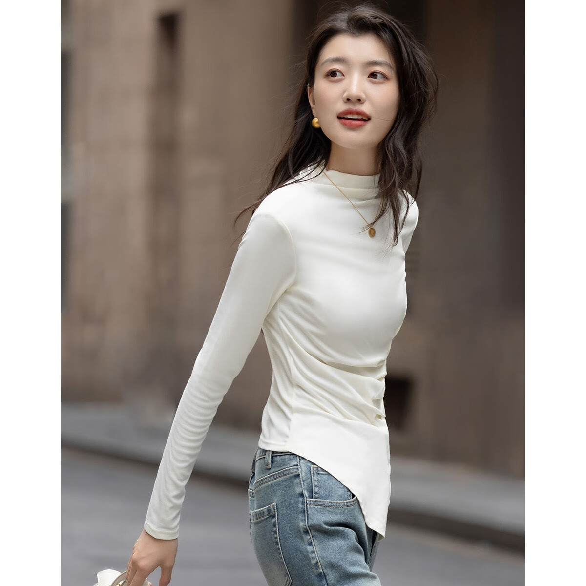 Demana [with breathable lyocell] Autumn Vintage Style Asymmetric Ruched Long Sleeve Women's Turtleneck T-Shirt