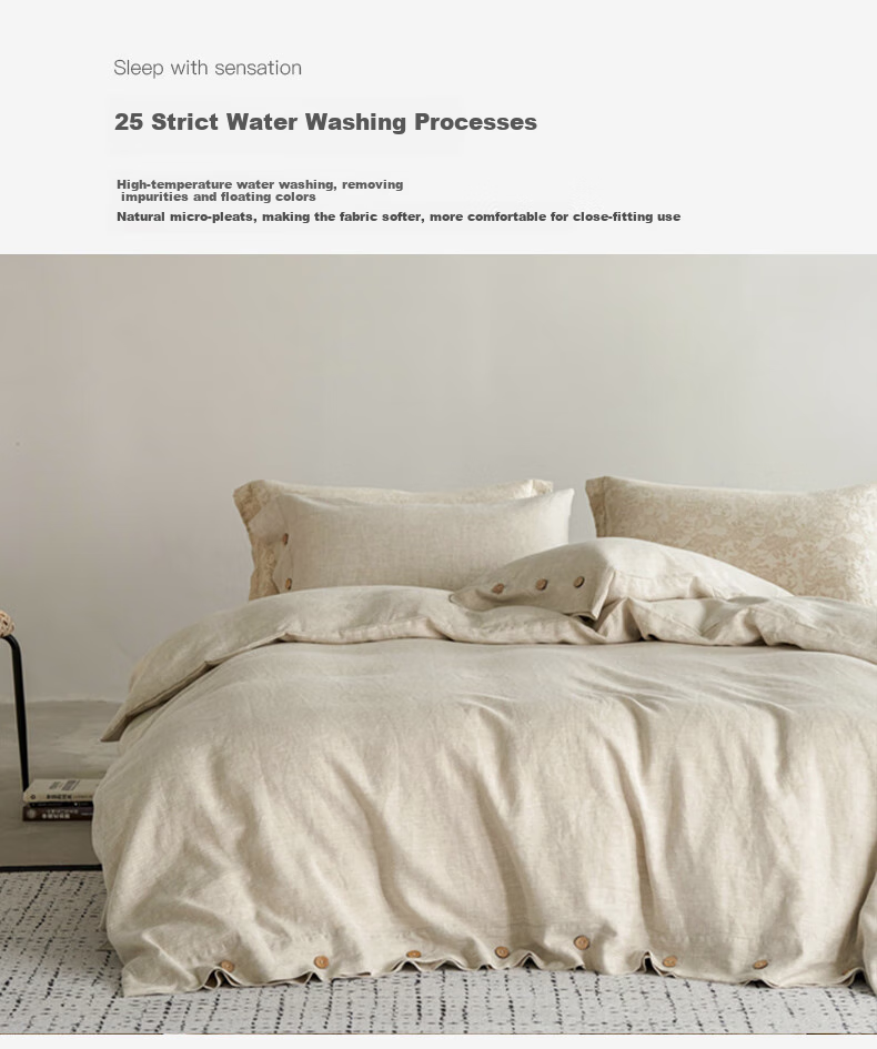 La Torretta Linen Cotton Four-Piece Set, Class A Washed Woven Long-Staple Cotton Duvet Cover Bed Sheet Bedding, 200*230cm 7