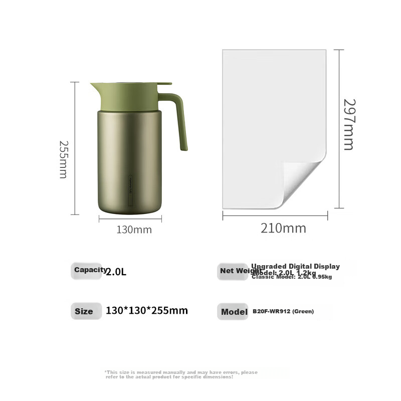 Joyoung Insulated Bottle, Smart Temperature Display, Large Capacity for Home And Outdoor Use, 316L Stainless Steel Water Bottle, 2L WR912 (Green)
