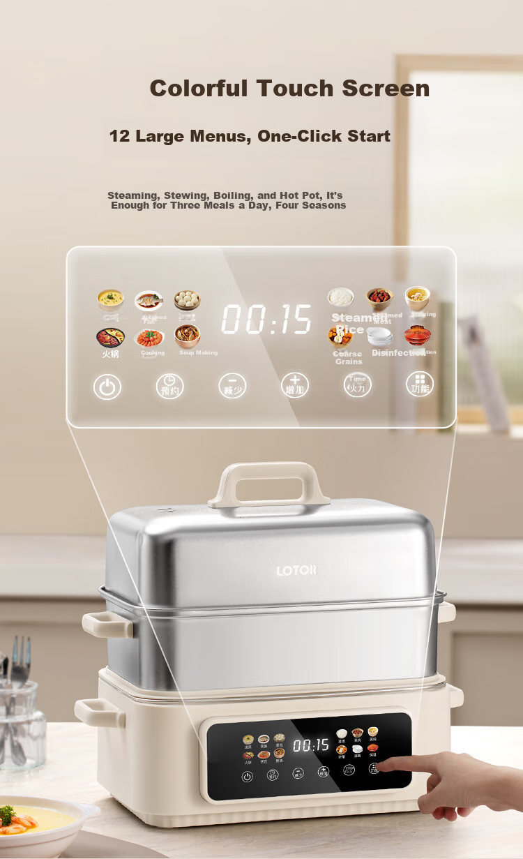 LOTOR Multi-Purpose Electric Steamer Pot, 3-Layer Stainless Steel Large Capacity Multi-Layer Steam Cooker for Home Use, Suitable for 3-4 People, Non-Coated Multifunctional Pot DZGBXG17 4