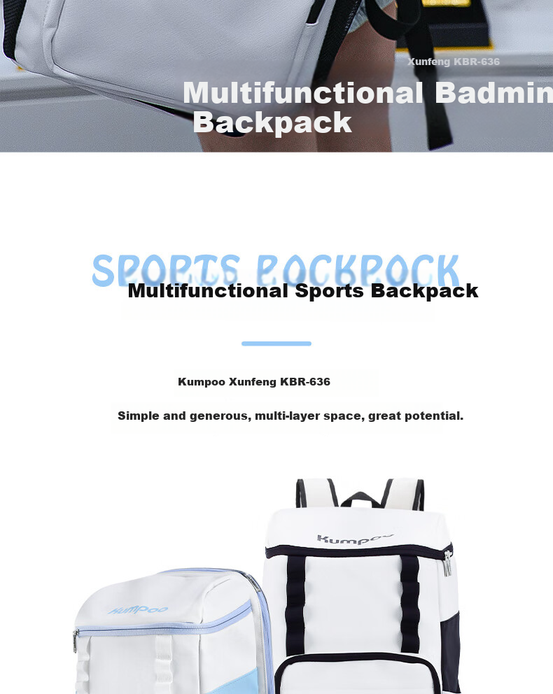 KUMPOO Badminton Bag with Separate Shoe Compartment, Multi-Compartment Fumigation Wind Double Zipper Multifunctional Backpack Shoulder Bag White And Black KBR-636 2