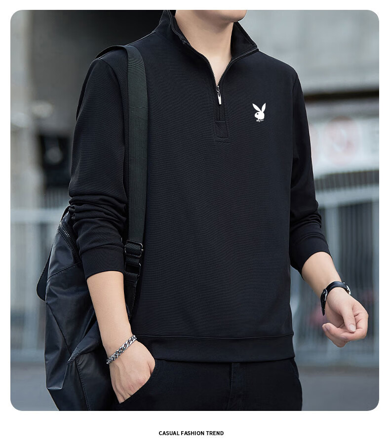 PLAYBOY Sweatshirt for Men, Spring And Autumn Long-Sleeve T-Shirt, Casual Loose-Fitting Sports Tee, Base Layer, Army Green, 2XL 5