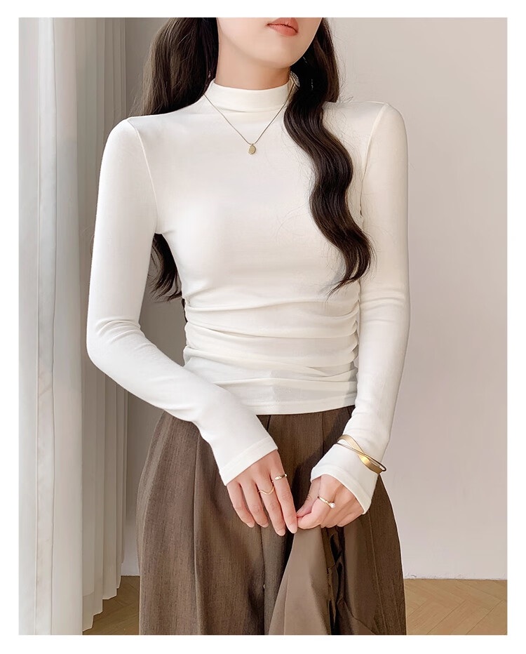 NOME Early Autumn Half Turtleneck Slim Fit Long Sleeve Basic T-Shirt Women 2025 New Solid Color Top White L 5
