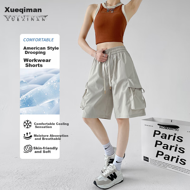 Xueqiman Large Pocket Workwear Shorts Women Summer 2026 New American Style Quick-Dry Ice Silk Cool Straight Sports Knee-Length Pants