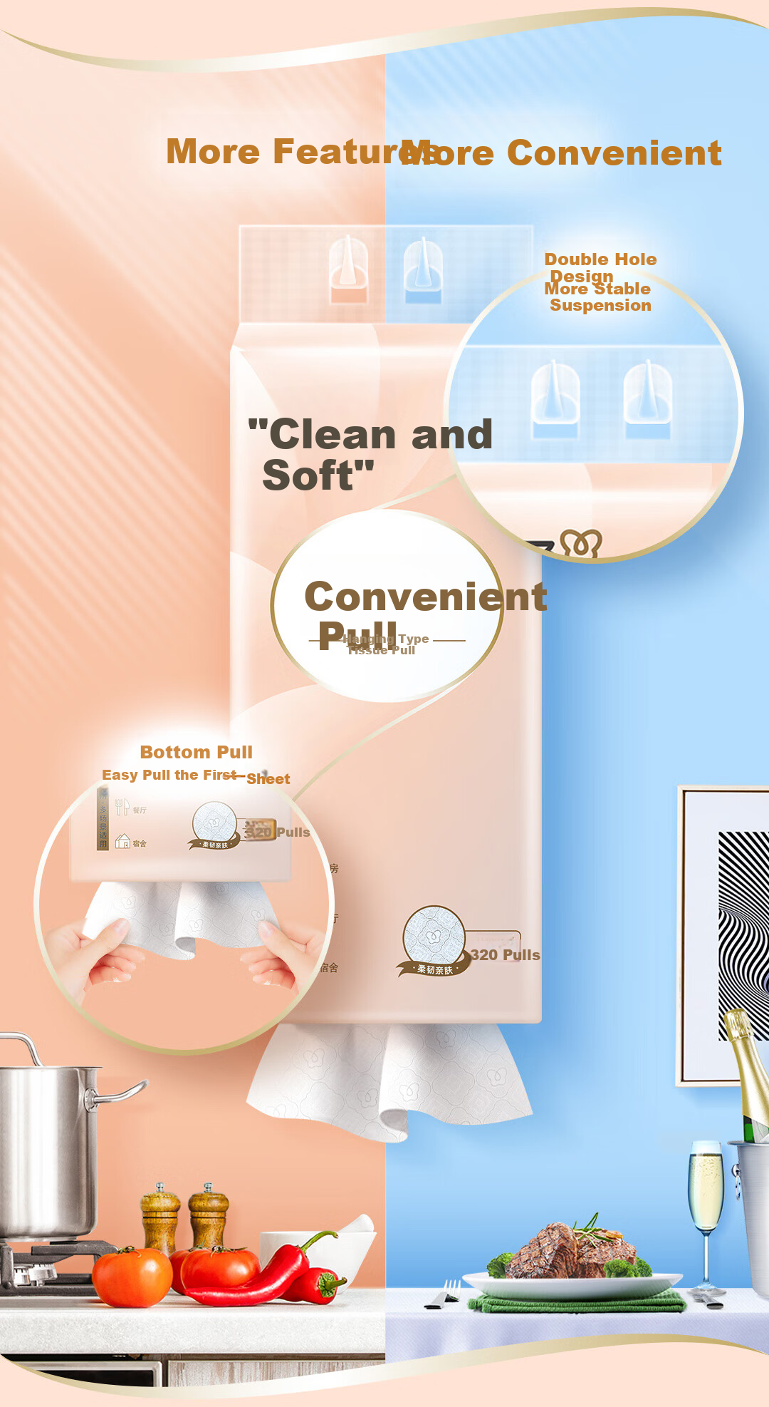 C&S Hanging Tissue Paper, 4-Ply, 320 Sheets * 4 Packs, Water-Absorbent Hanging Tissues, Extra Large And Thick, Whole Box Facial Tissues 7