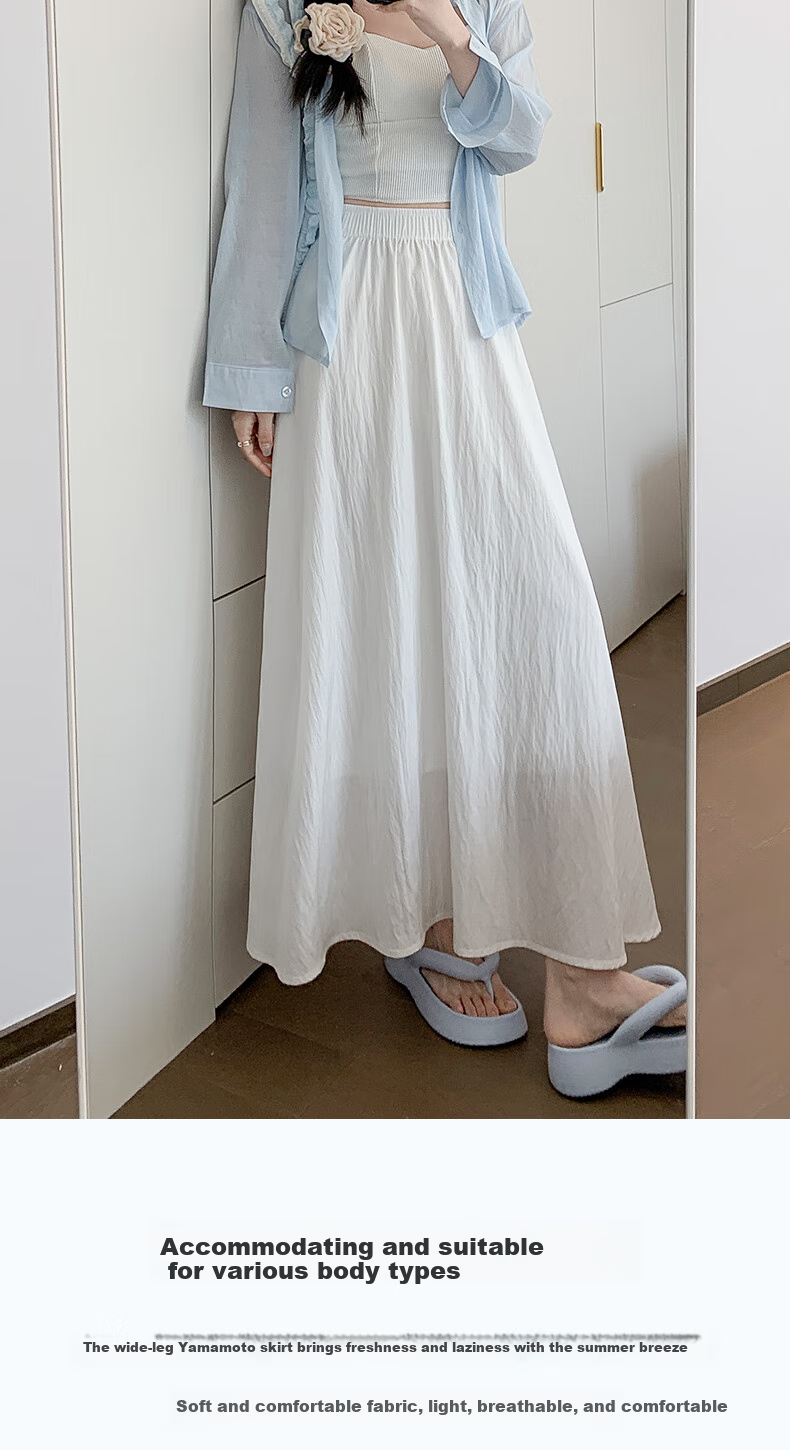 Langsha Women's Summer High-Waist Draped A-Line Skirt Loose Comfortable Elastic Waist Casual Slimming Skirt 6