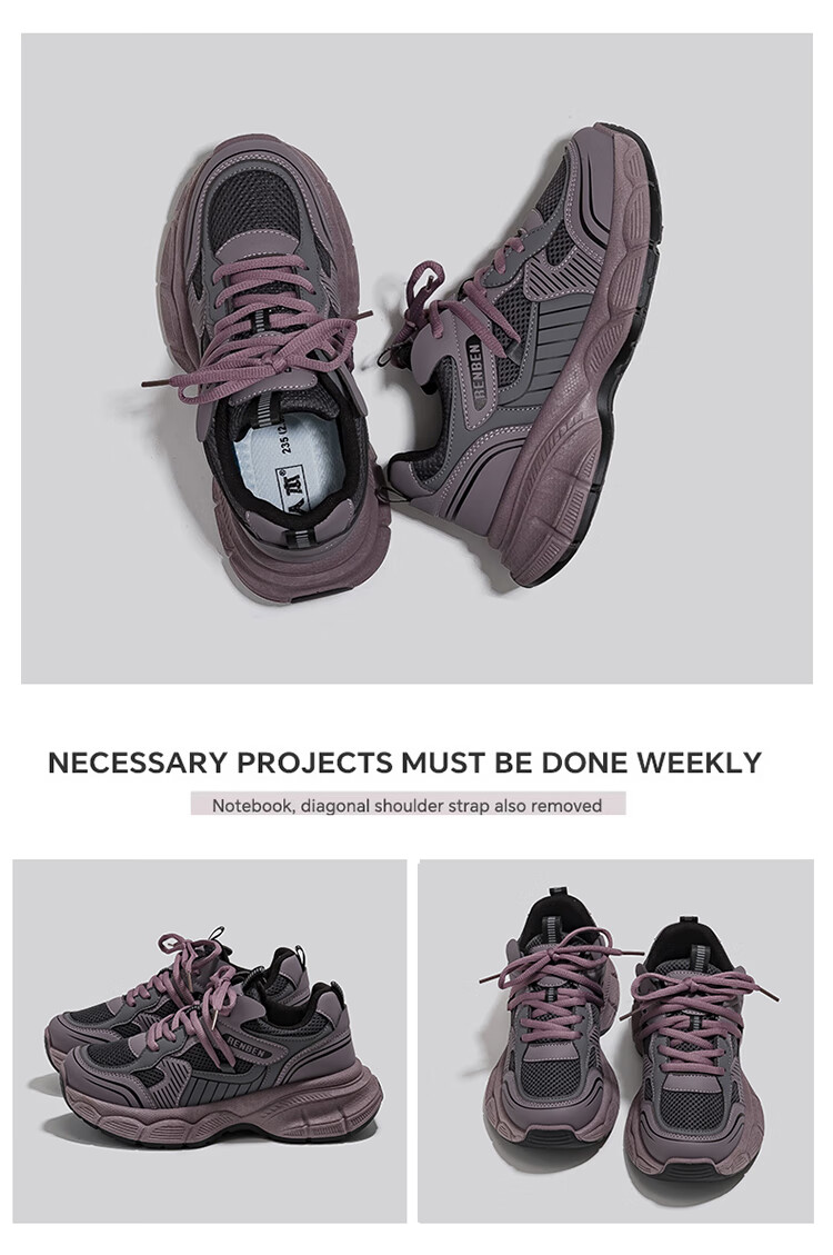 RENBEN Purple Vintage Platform Thick-Soled Height-Increasing Dad Sneakers for Women 2026 Spring New Casual Versatile Lightweight Black Sports Shoes 6