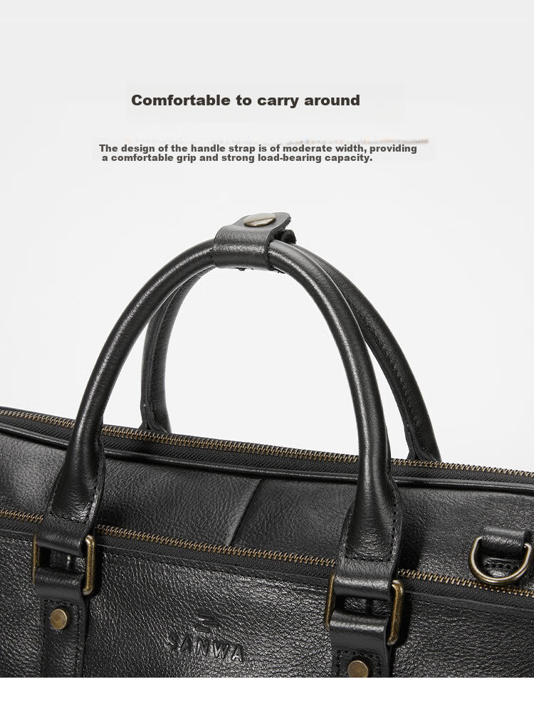 SANWA Imported Genuine Leather Briefcase Handbag for Men, Top-Grain Cowhide 14-Inch Business Laptop Bag, Shoulder Crossbody Bag 11