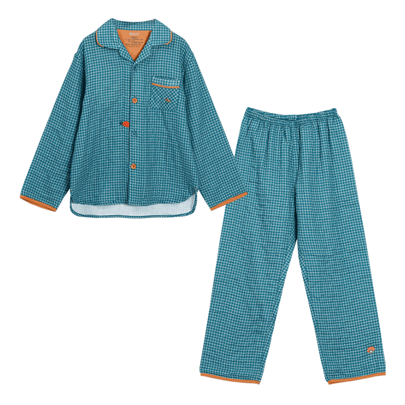 Hodohome Children's Pajamas for Boys, Double-Layer Gauze Plaid Long-Sleeve Loungewear, Boy's Lapel Cardigan Embroidered Set, Size 105 120
