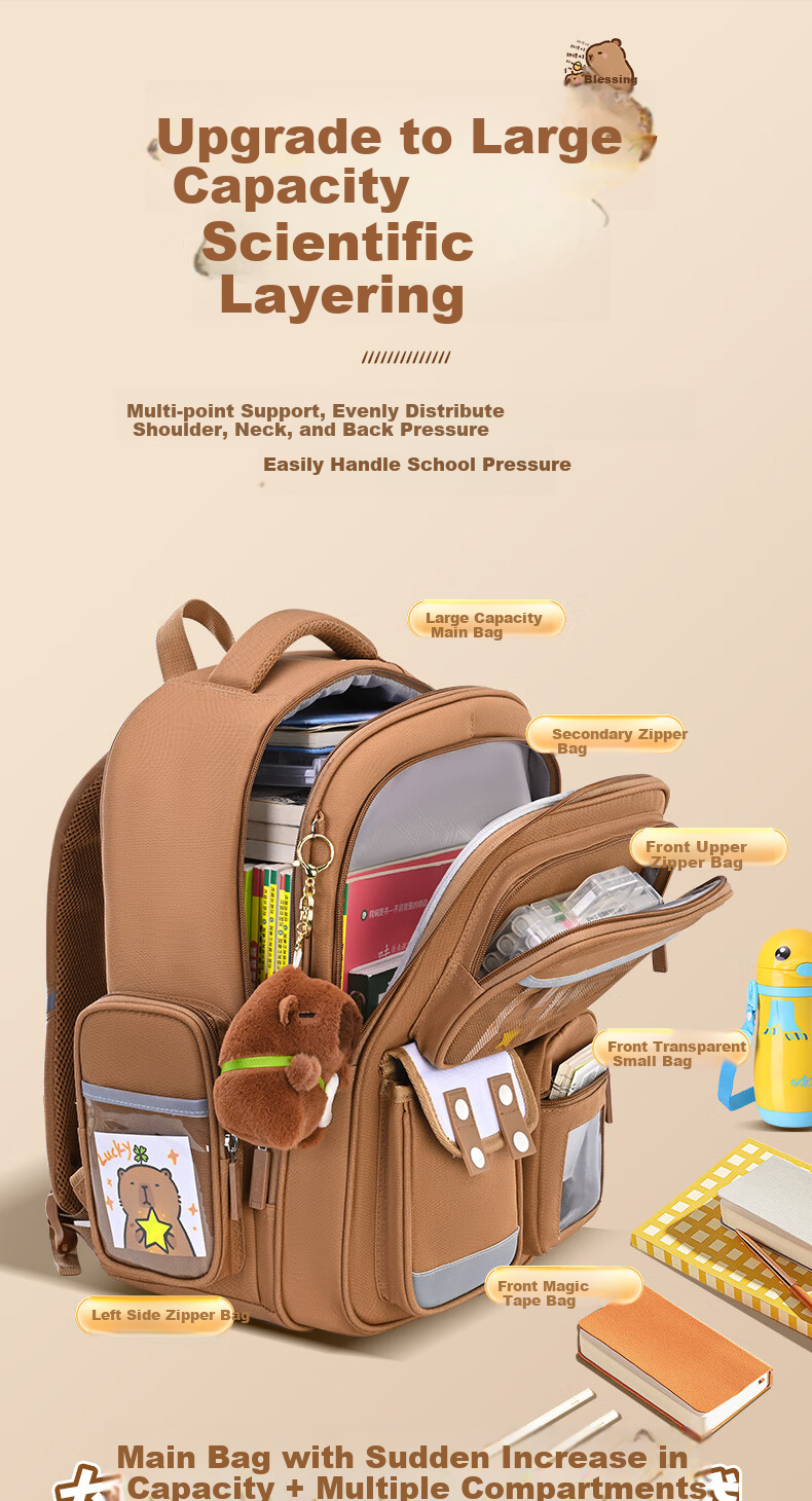 Dishuai Capibala Elementary School Backpack for Girls Grades 1-3 Lightweight Spine-Protecting Large Capacity Children's Backpack for Boys 10