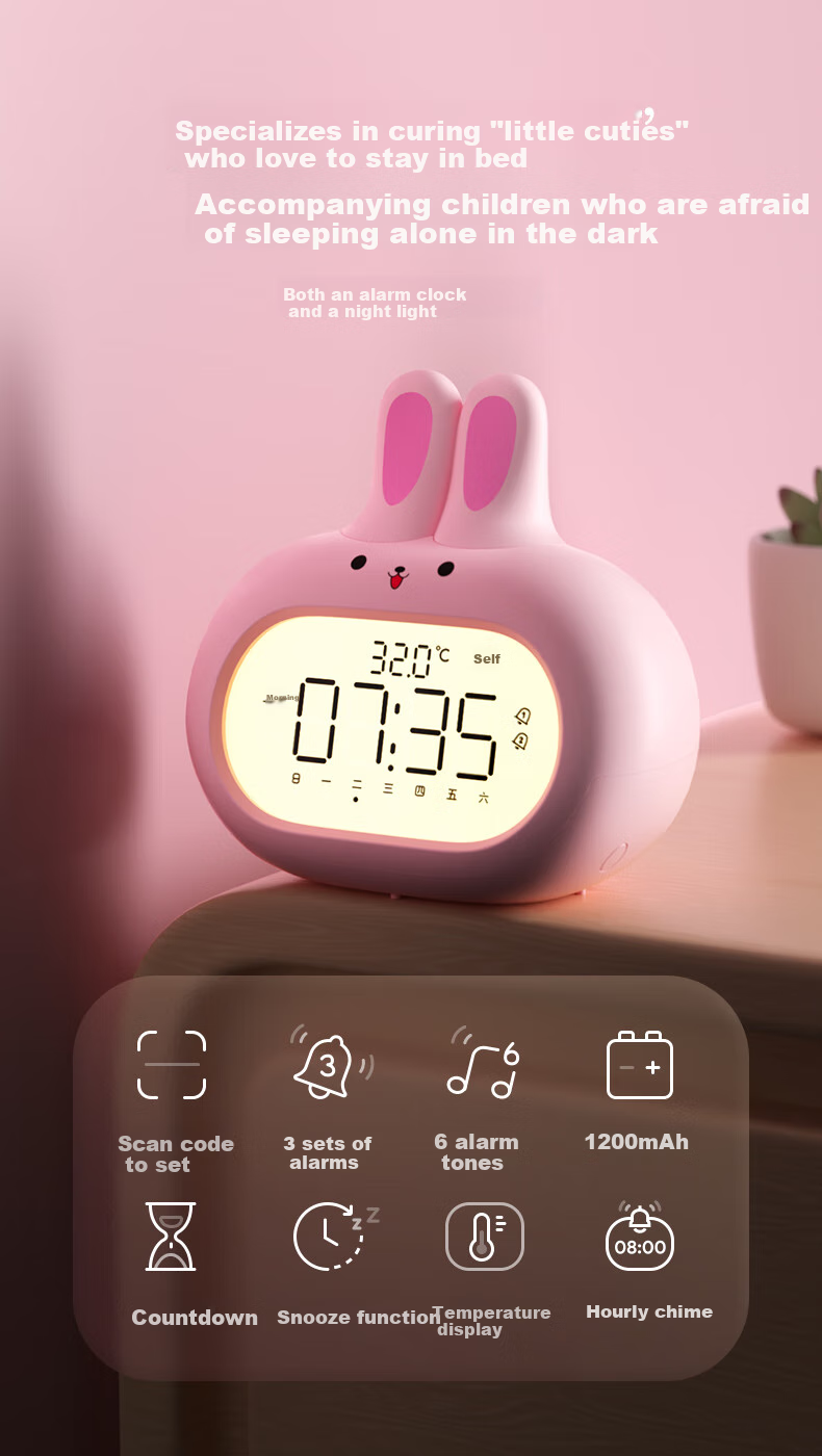Compas Electronic Alarm Clock Wake-Up Device, Children's Holiday Gift Cartoon Digital Clock Cute Rabbit Alarm, Mint Green Back-To Seaso 1