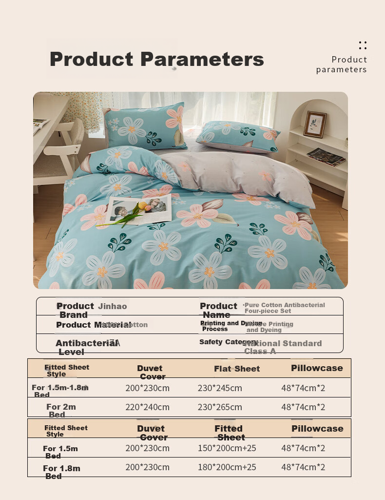 KING SHORE Class A 100% Pure Cotton Xinjiang Cotton Four-Piece Bedding Set, Simple Duvet Cover 200*230cm, Fitted Sheet 150*200cm, Floral Patter 2