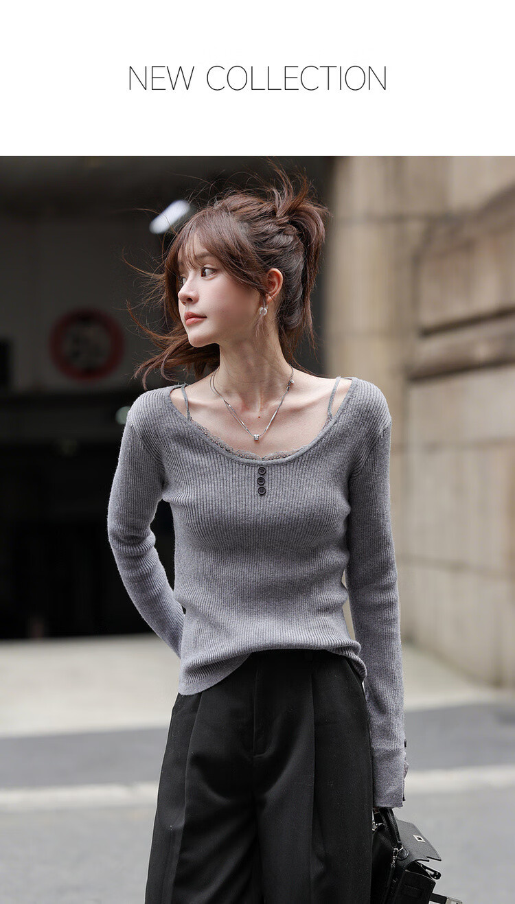 MT Slim Fit Short Wool Blend Lace Splice U-Neck Knit Sweater for Women - Autumn Collection 1