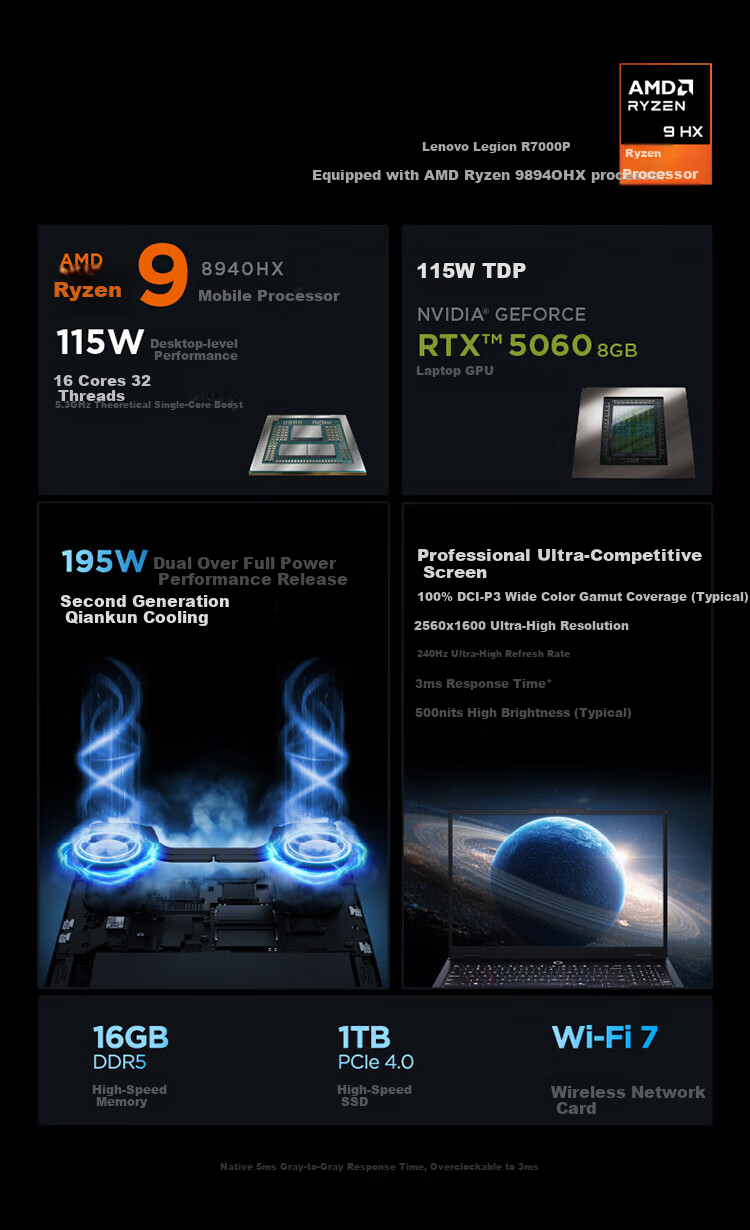 Lenovo Savior R7000P 2025 Gaming Laptop, Ryzen 9 8945HX, 16GB RAM, 1TB Storage, RTX5060, 2.5K Display + Gaming Mouse Set, Exclusive to Yihaodia 1