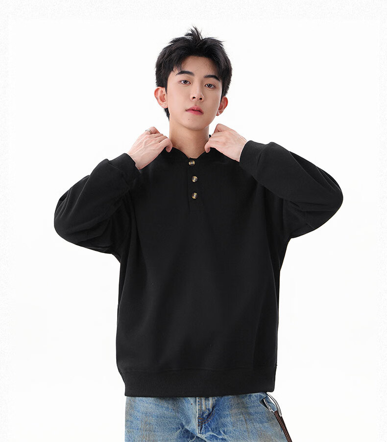 Homlean Heavyweight Henry Collar Solid Color Sweatshirt Men Autumn Fashion Casual Loose Base Shirt HQ00 Black 4XL 13