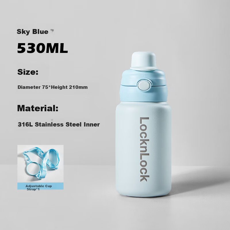 LOCK&LOCK Children's Insulated Cup for Ages 6-12, School-Specific Straw Cup for Elementary Students, 316L Stainless Steel Youth Strap Water Bottle
