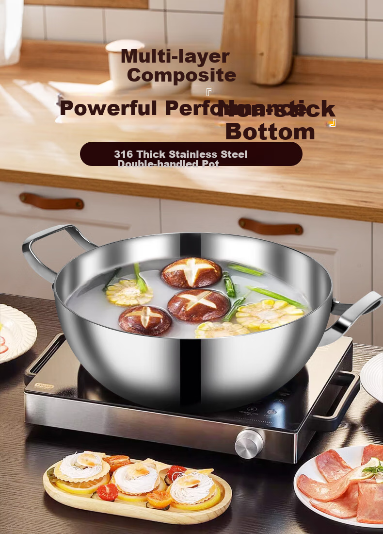 OLOFE Hot Pot Cookware, 316L Stainless Steel Soup Pot, Suitable for Open Flame And Induction Cookers, Baoshi Kangyuanbao Multifunctional Double-Handled Pot, 32CM 1