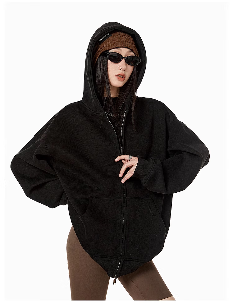 ICH MODE Fleece-Lined American Style Hoodie Jacket Women Autumn Winter Loose Fit Double Zipper Cardigan Lazy Long Sleeve Coat Black L 12