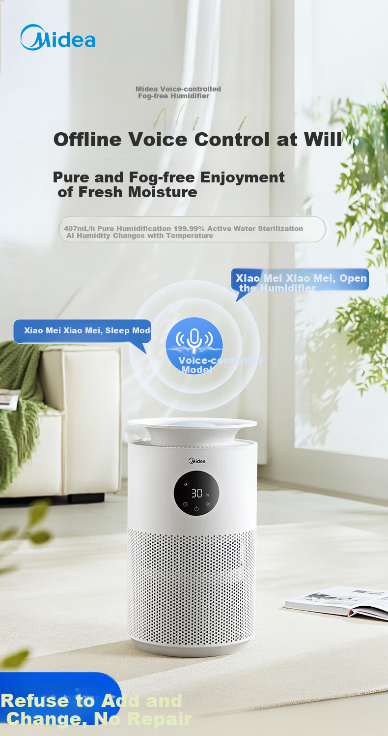 Midea [AI Smart Voice] Anti-Mist Air Humidifier with Antibacterial Function for Home Bedroom Floor-Standing Small Quiet Air Conditioner Heater Atomizer, Gift for Women SZY-W40S 1