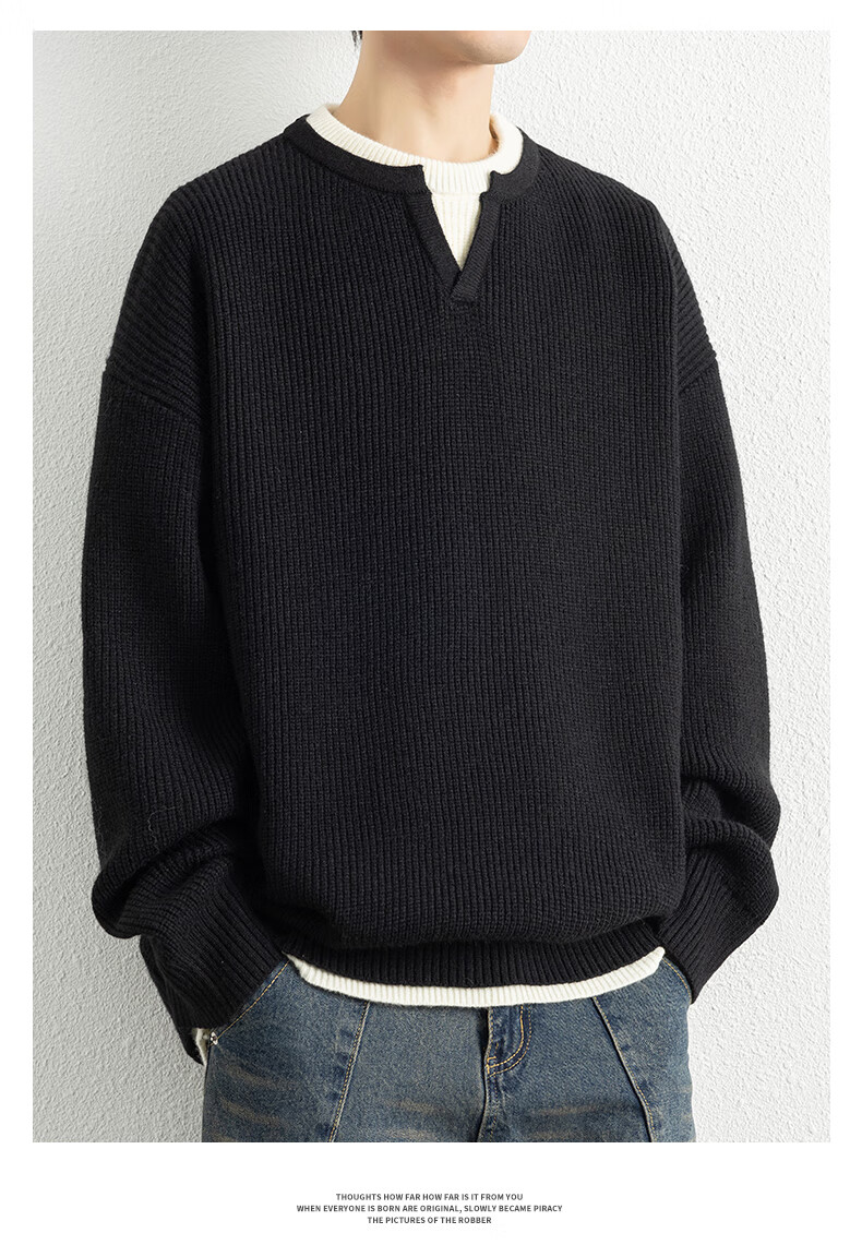 ROMON Men's Autumn Thickened Knitted Sweater, Round Neck, Fake Two-Piece Casual Versatile Pullover, Black 3XL ZH6012 2