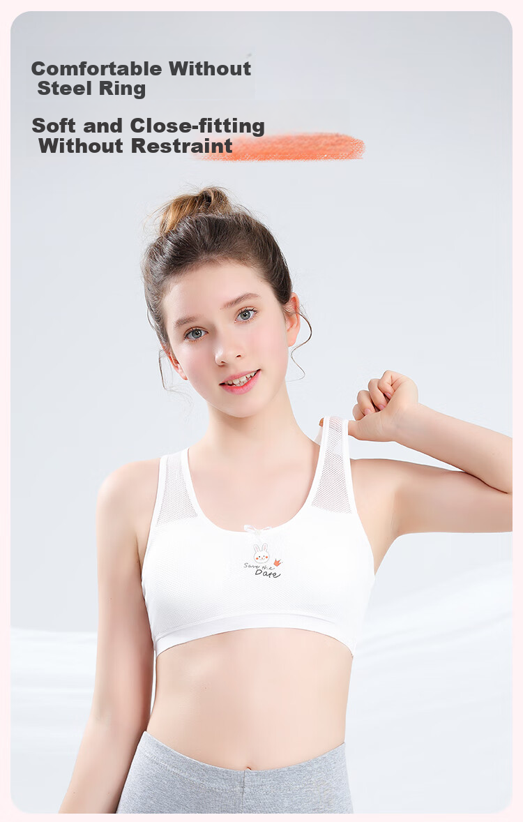 LangSha Children's Underwear, Girls' Sports Bra, Shock-Absorbing, Big Girls' Bra, Developmental Student Vest, 2 Pieces, White + White, 75A 8