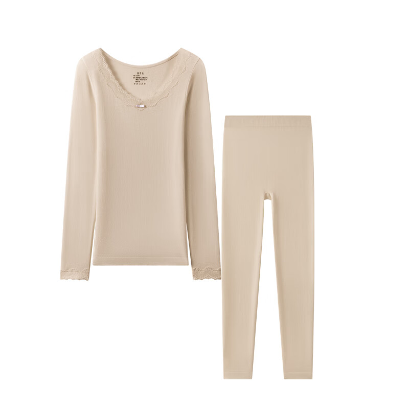 Fenteng Women's Thermal Underwear Set with Wool, 2025 New Lace Long Sleeve Autumn Top and Bottoms