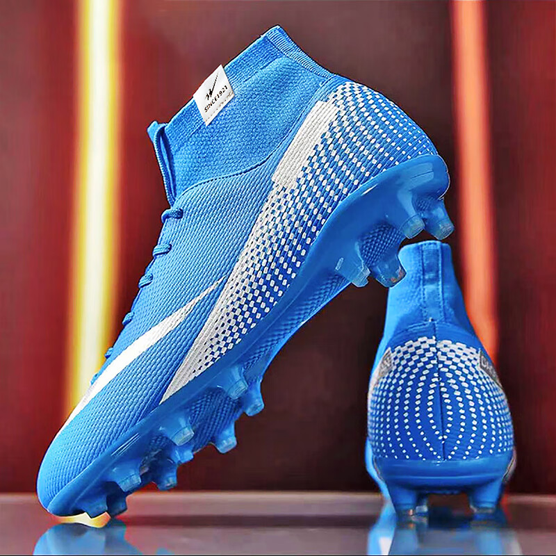 Double Star Bate Men's Football Shoes Adult Grass Long Studs FG Wear-Resistant Artificial Turf Leather Competition Blue Training Shoes Men