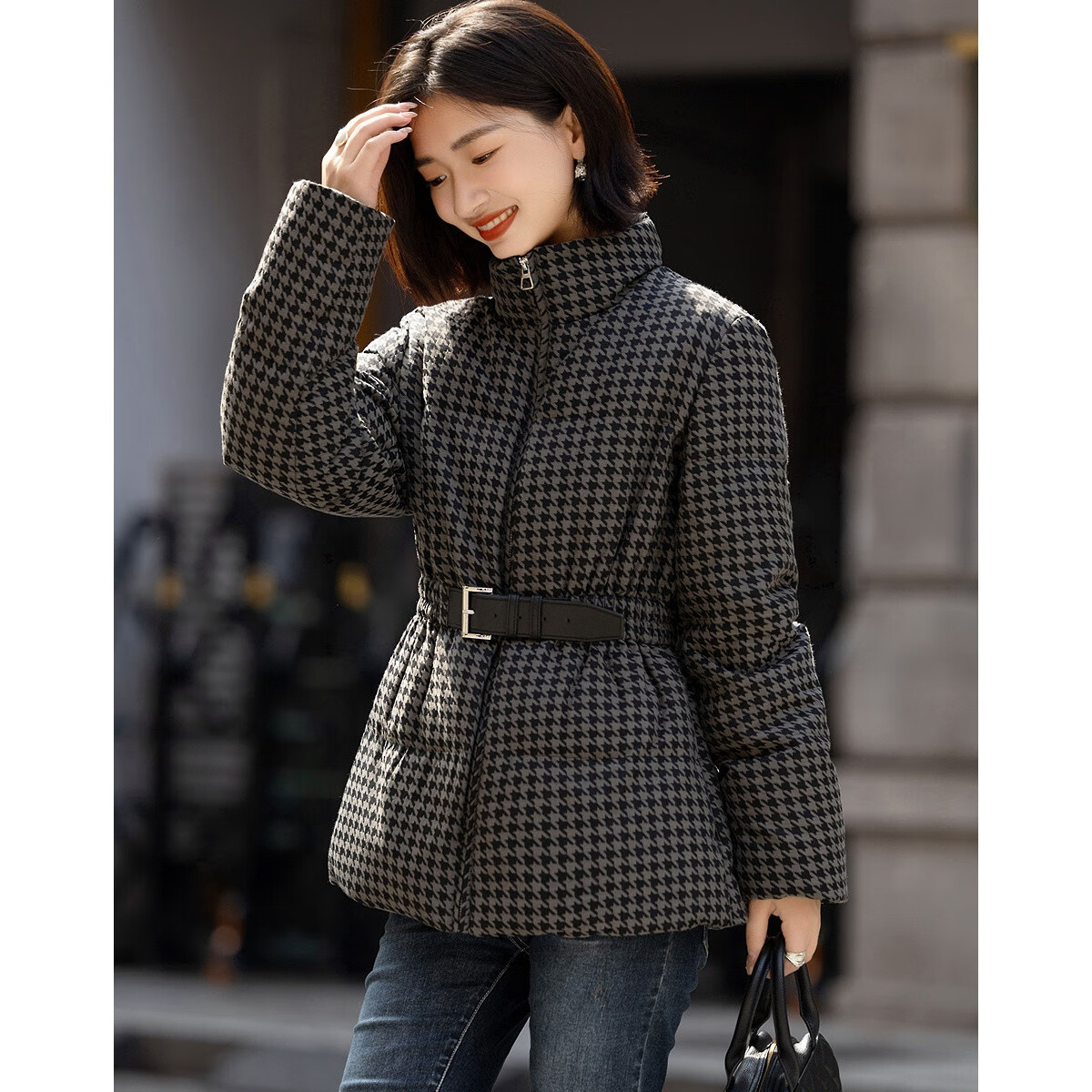 Dme [Northern Warm Oxygen Bar] Winter Small Stove 90% Duck Down Stand Collar PU Strap Waist Houndstooth Women's Down Jacket