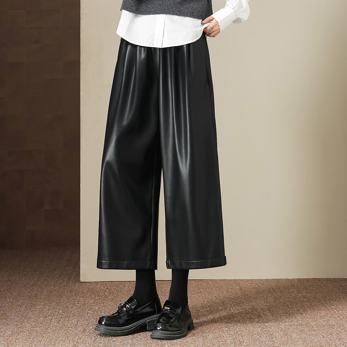 Demana [Button Adjustable Cuff] Winter Glossy PU Elastic High-Waist Cropped Straight-Leg Loose Women's Casual Pants