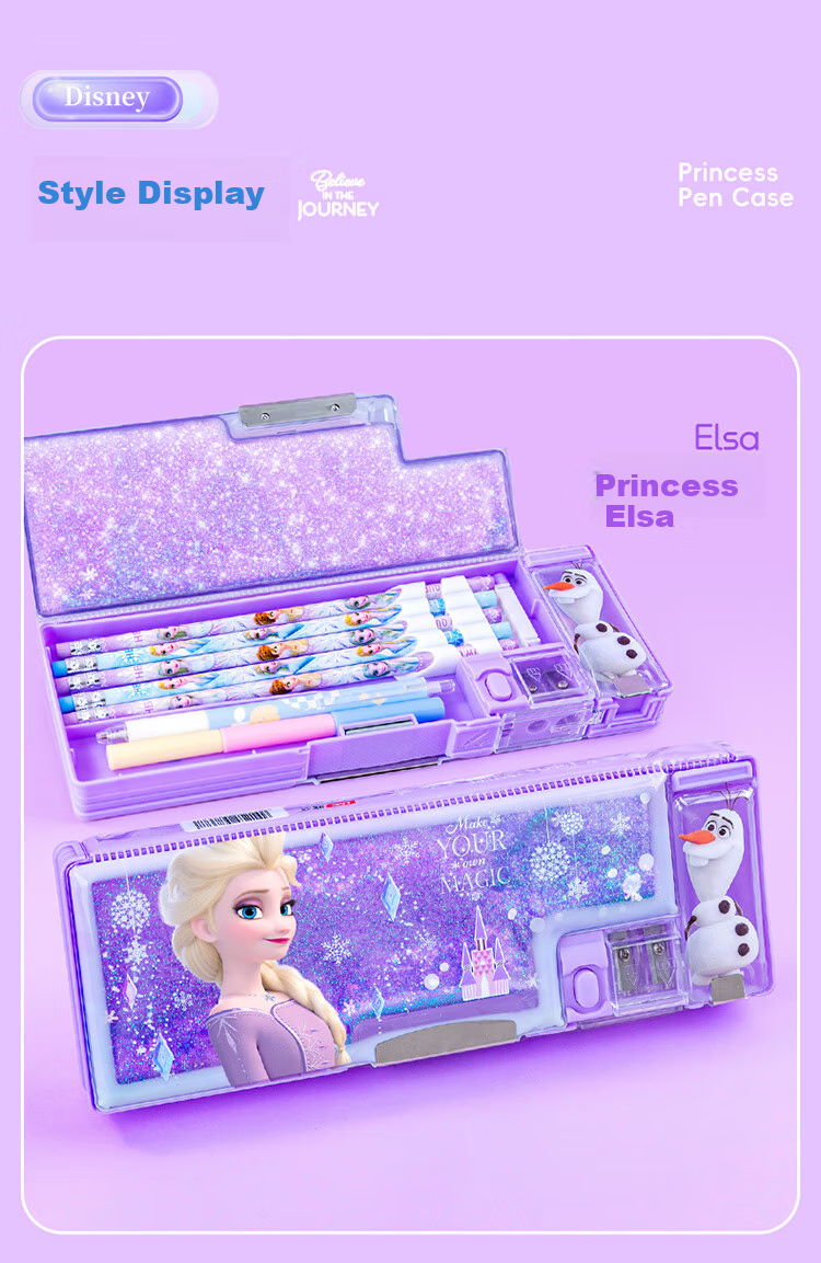 Disney Sand Art Pencil Case for Girls, Children And Elementary School Students, Multifunctional Plastic Pencil Box with Double Layers, School Supplies, Elsa Princess Graduation Gift 11