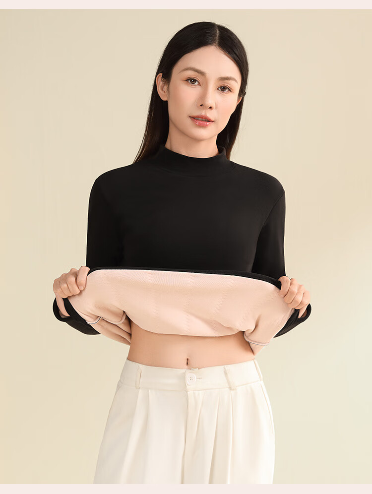 Tingmei [Triple Silk] Fleece-Lined Thickened Half Turtleneck Base Layer Top Women's Autumn Winter Thermal Underwear Shirt 15