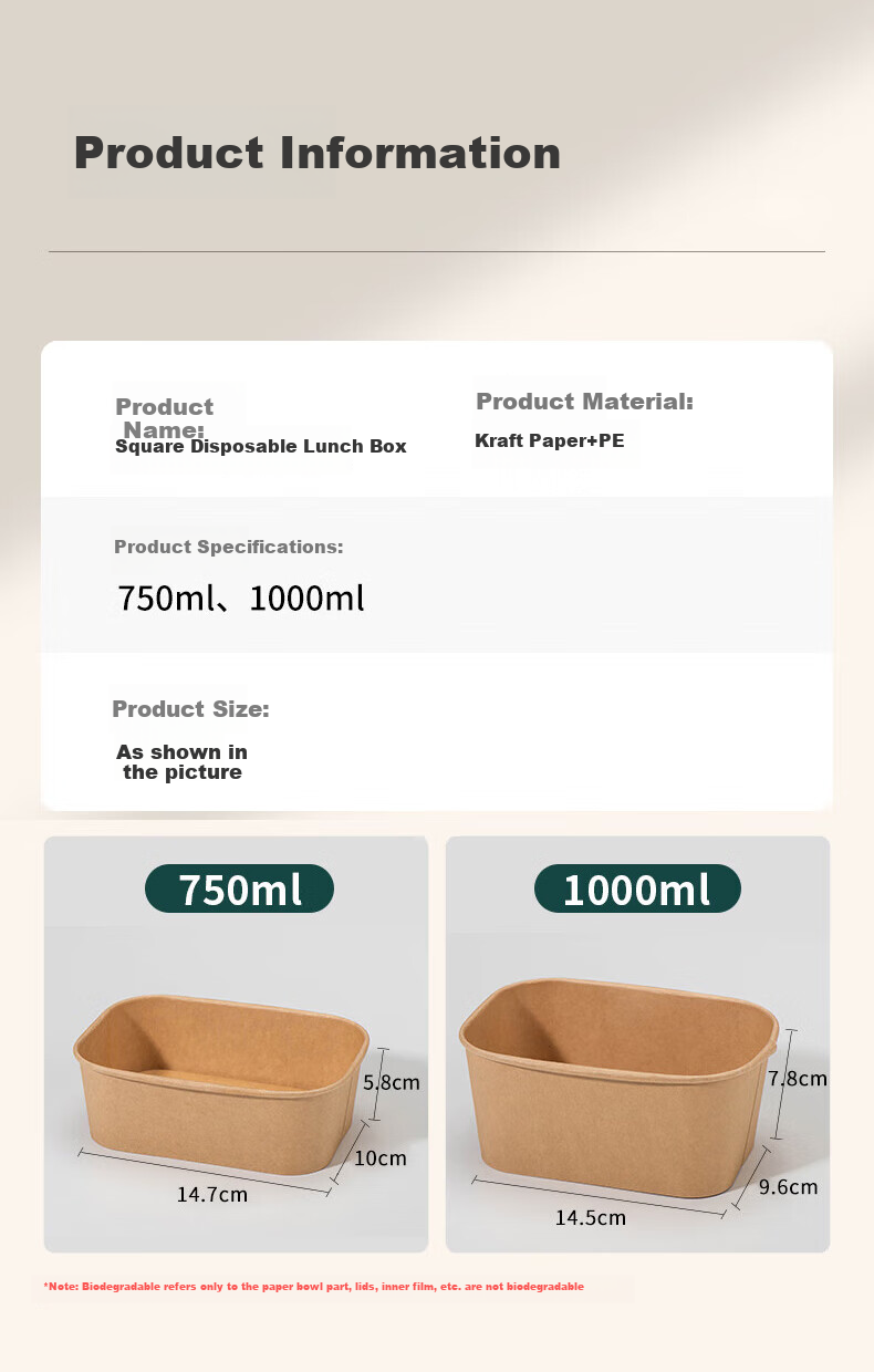 JIACHI Disposable Food Containers, Thickened 750ml*20 Sets, Kraft Paper Takeout Boxes, Square Paper Bowls, Camping Packing Boxes, Tableware 1