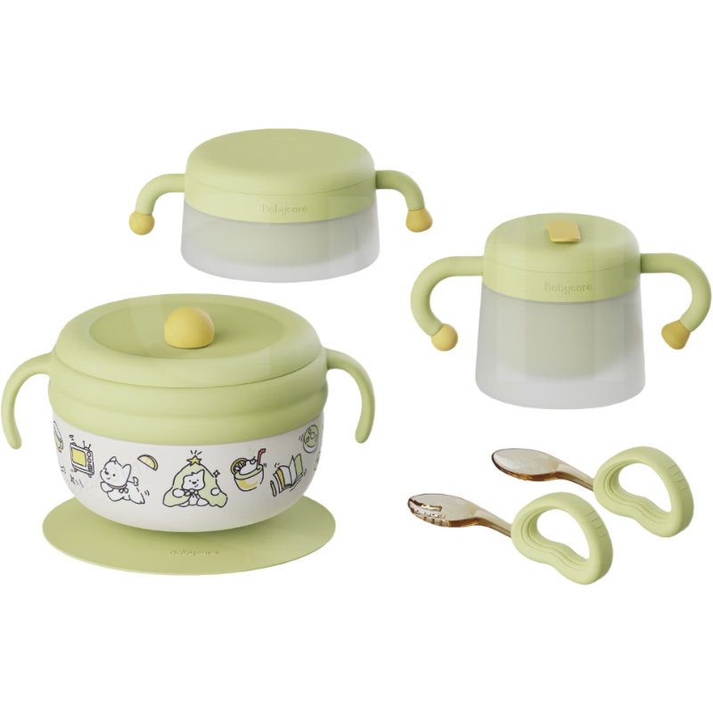 Babycare Children's Tableware Gift Set PPSU Insulated Water-Filled Bowl Fork Spoon Baby Learning Eating Highland Green Children's Day Gift