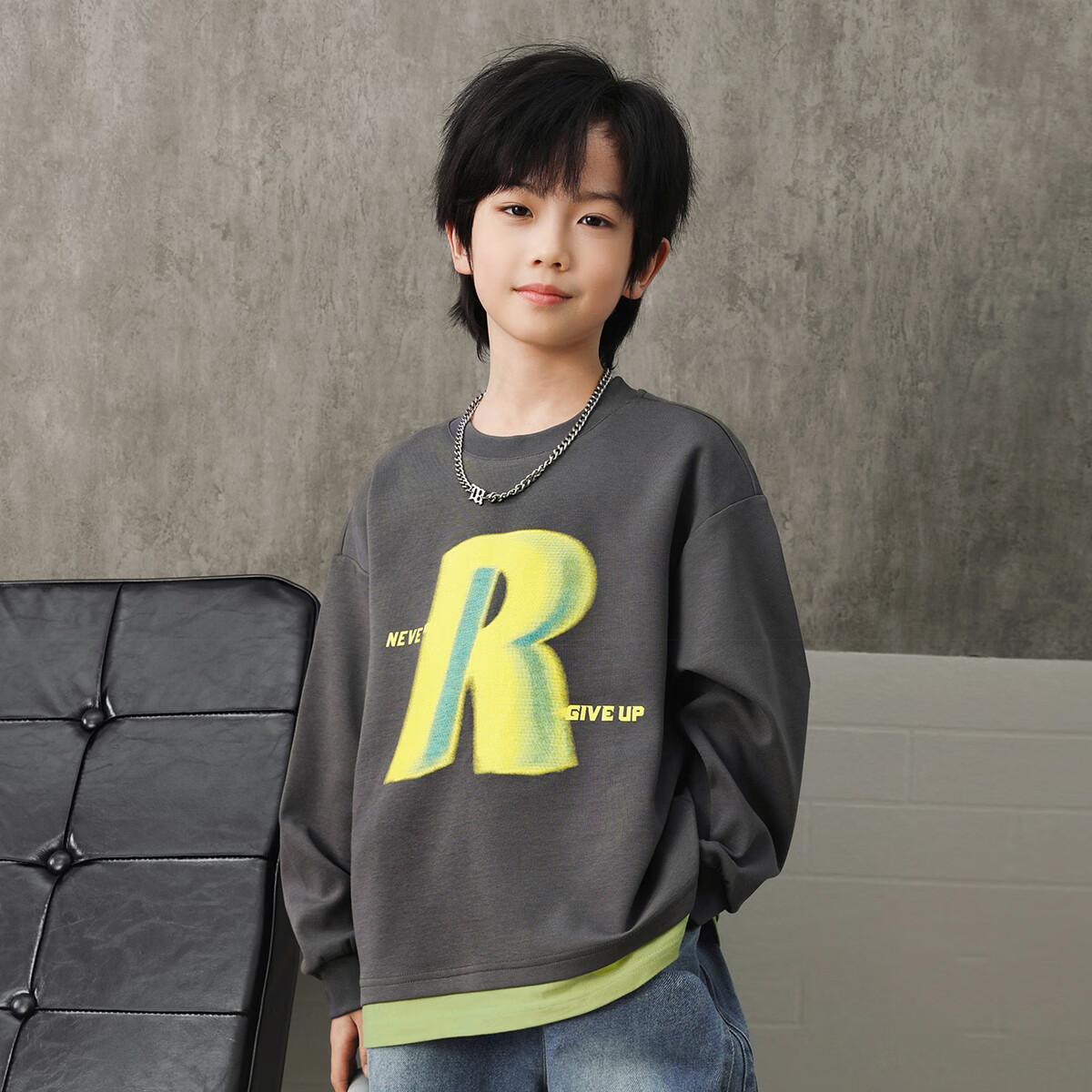 LUSON Chen Da Zhu Boys' Sweatshirt, Spring And Autumn 2025 New Style, Children's Spring Outfit, Big Kids' Faux Two-Piece Long-Sleeve Top