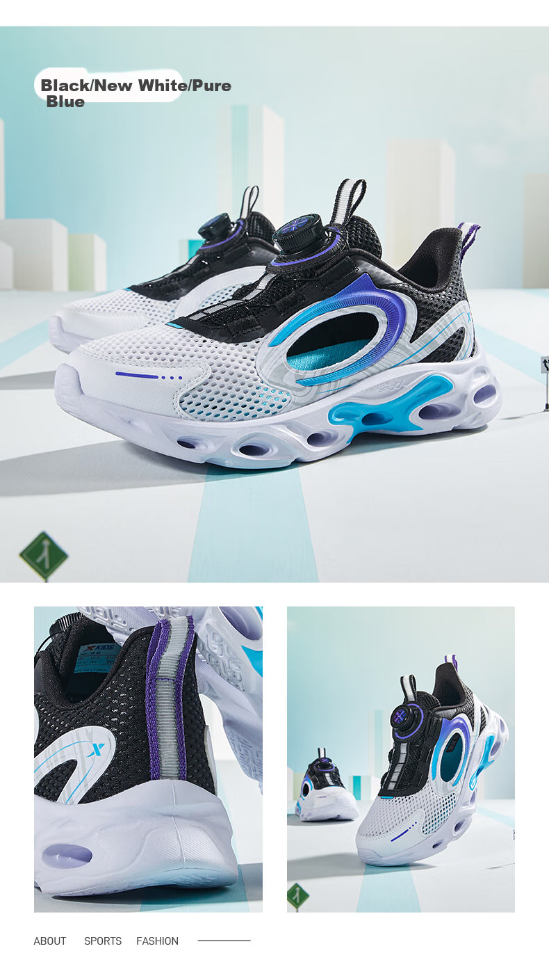 XTEP Children's Shoes for Boys, Hollow Frame Breathable Rotating Buckle Running Shoes, Black/New White/Clean Blue, Size 37 3