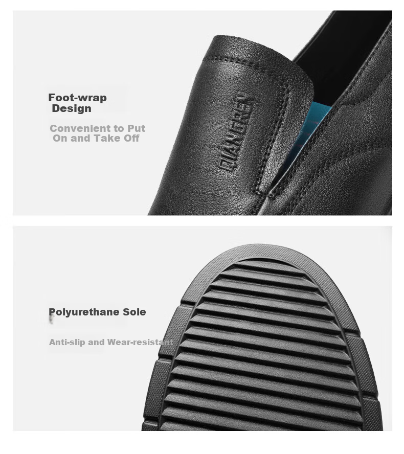 Qiangren Large Size Men's Shoes, Top-Grain Leather, Extra Large Size Leather Shoes, Slip-On Business Casual Shoes, JDA5128, Black, Size 48 11