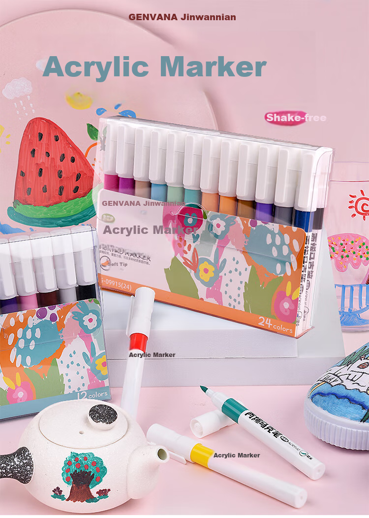 Genvana [Soft Tip Markers] Water-Based Acrylic Markers Washable Kindergarten Art Supplies Drawing Children's Doodle Pens DIY Guka Pens 24-Color Set G-09915(24) 1