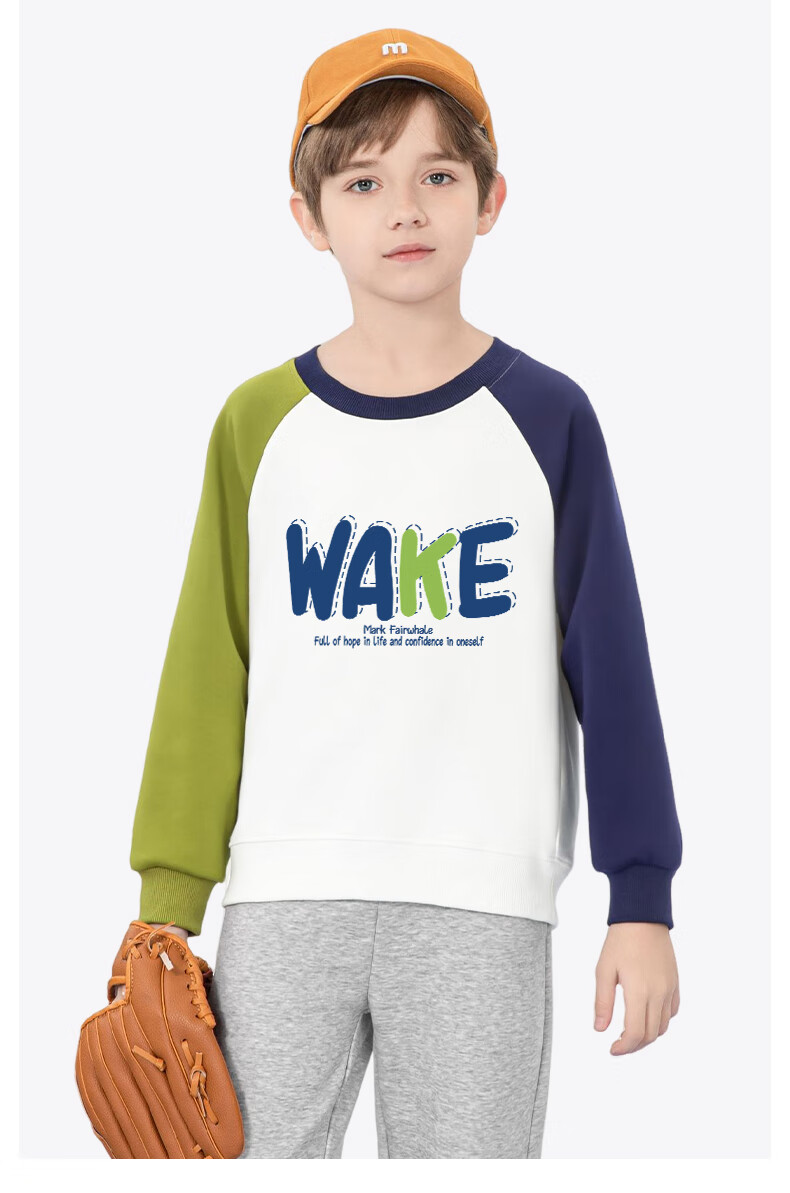 MARK FAIRWHALE Boys' Pullover Sweatshirt Spring and Autumn Crew Neck Raglan Top for Boys White with Green and Blue, Size 110 2