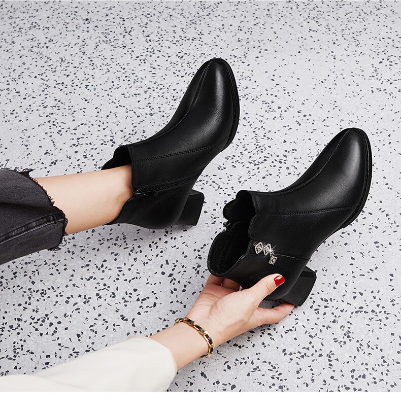 FUGUINIAO Genuine Leather Cowhide Women's Ankle Boots Autumn Winter Fleece Lined Warm Pointed Toe Chunky Heel Fashion Boots Black Size 35 6