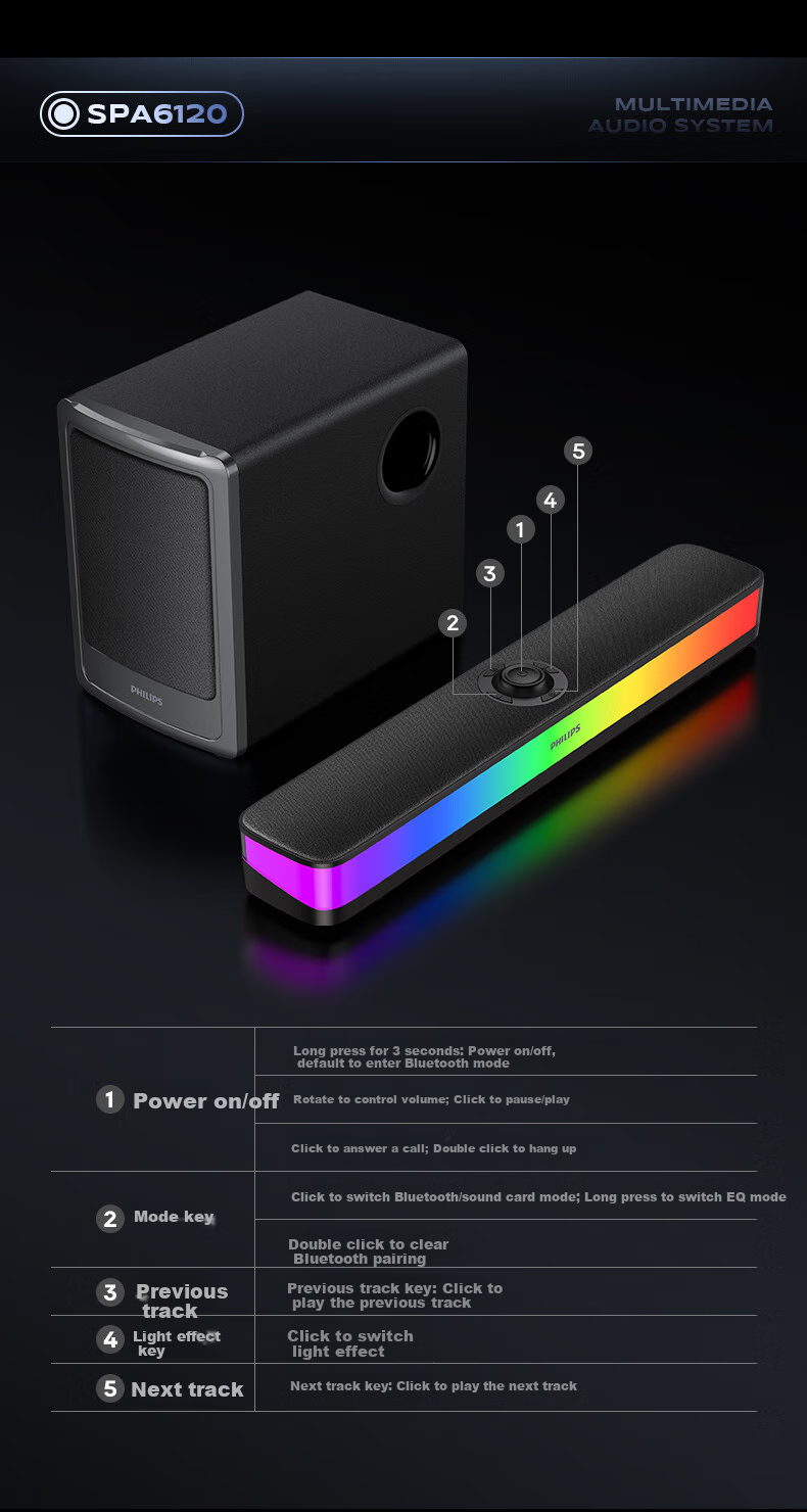 PHILIPS Bluetooth Speaker Computer Speakers Desktop Laptop HIFI 2.1 Multimedia Gaming Subwoofer Combo Set Delta Audio Gaming E-Sports Gift SPA6120 15