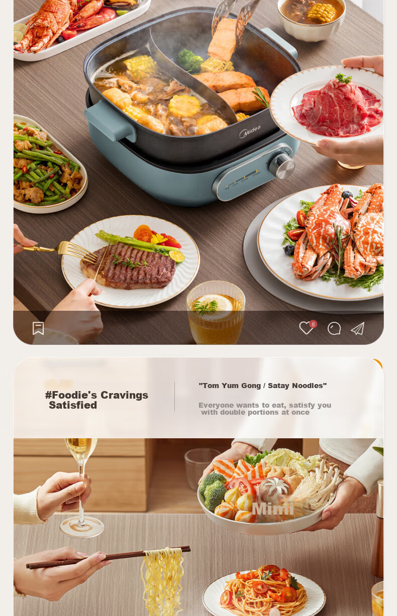Midea Electric Hot Pot, Dual-Sided Pot for Home Use, 4-6 People, 6L Capacity, Titanium And Ceramic, Zero Fluorine, Antibacterial, Dormitory Style, Detachable Design, 9CM Deep, Multifunctional, Bionic Non-Stick Pot, New Electric Cooker, Self-Operated 18
